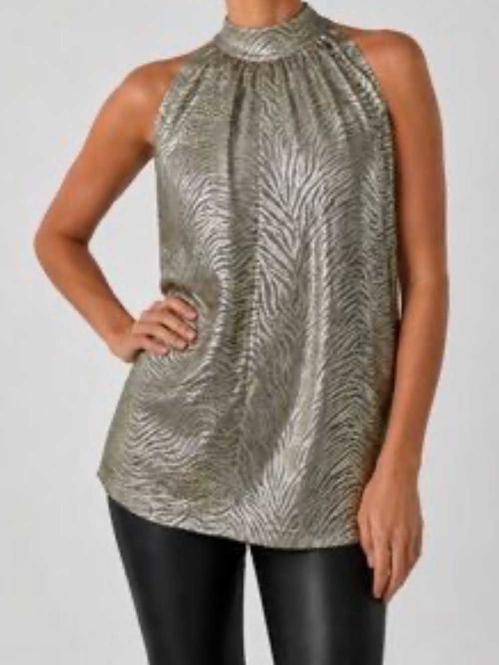 Anthropologie Metallic Silver Zebra Halter Tank blouse size L